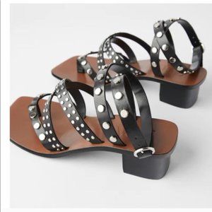 Zara Studded Genuine Leather Heeled Sandals.  39